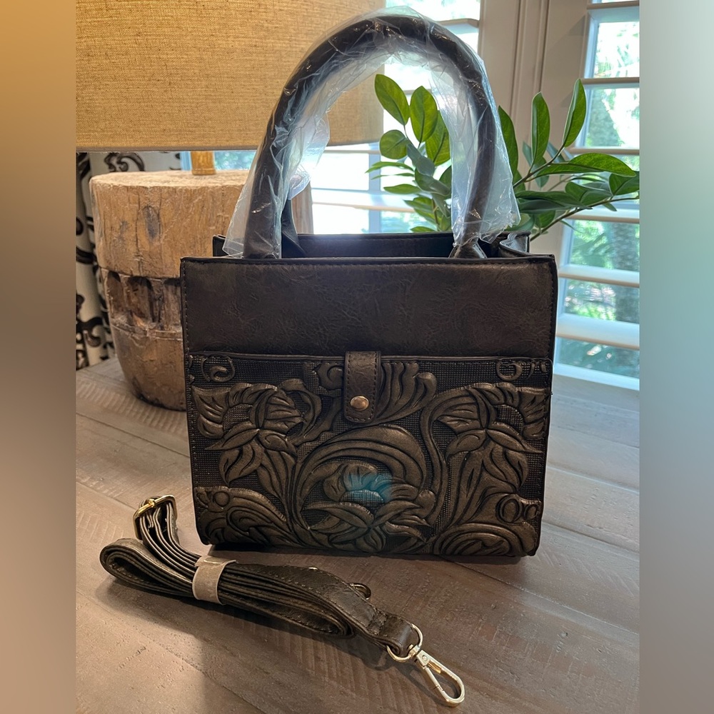 Dark Olive Green Embossed Hand-Tooled Floral Pattern Handbag
w/ Shoulder Strap - Picture 3 of 8